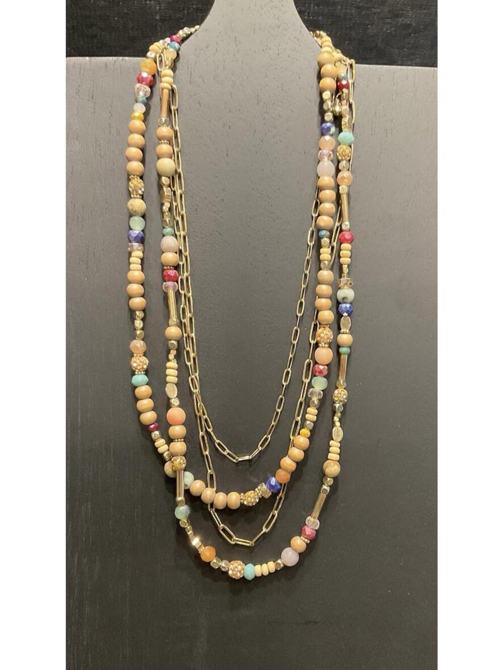 Multi Beaded  Strand And Gold Tone Chain Necklace #101